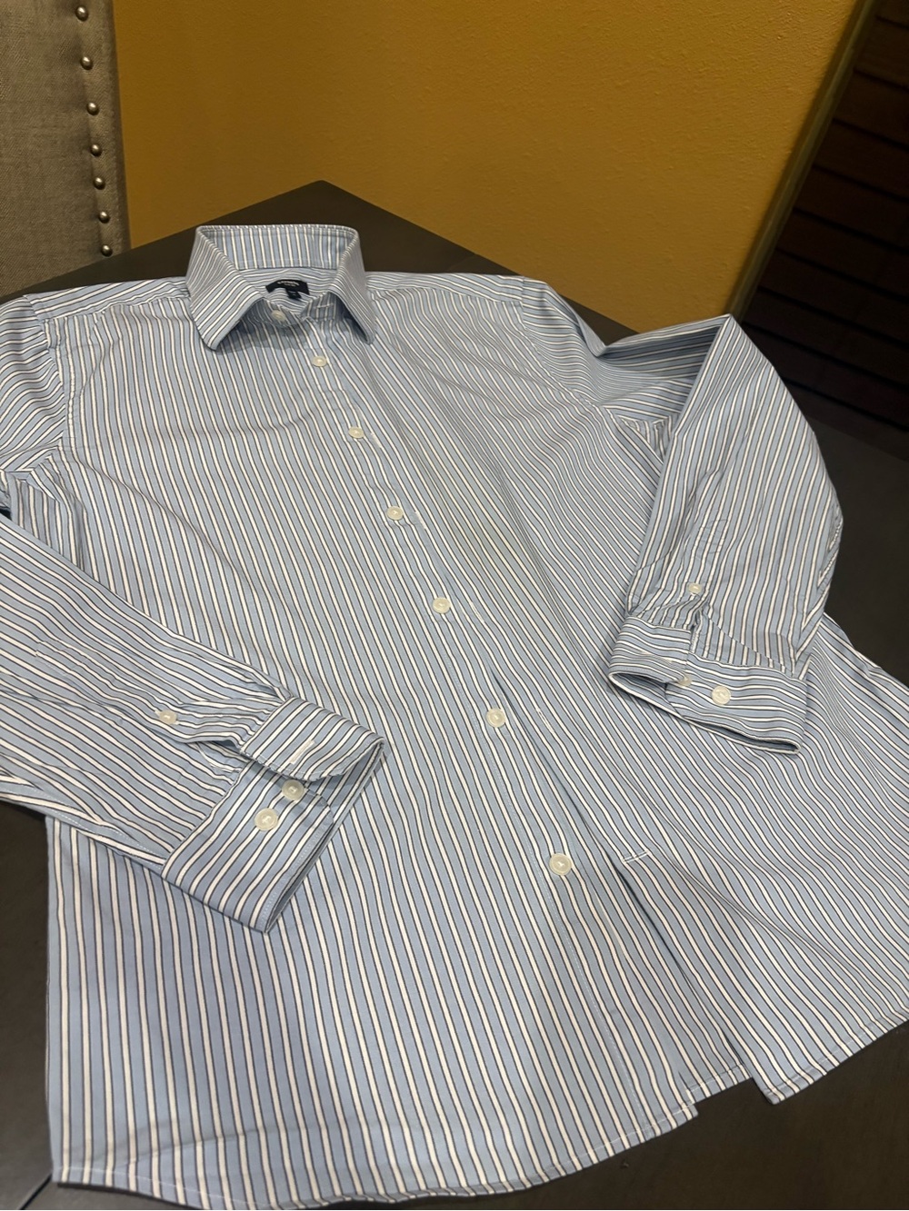 Express Men's Blue and White Striped Dress Shirt